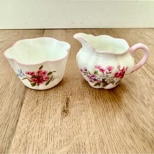 Vtg Shelley Fine Bone China Cream & Sugar Bowl Set, Flowers Stocks Pattern 13428
